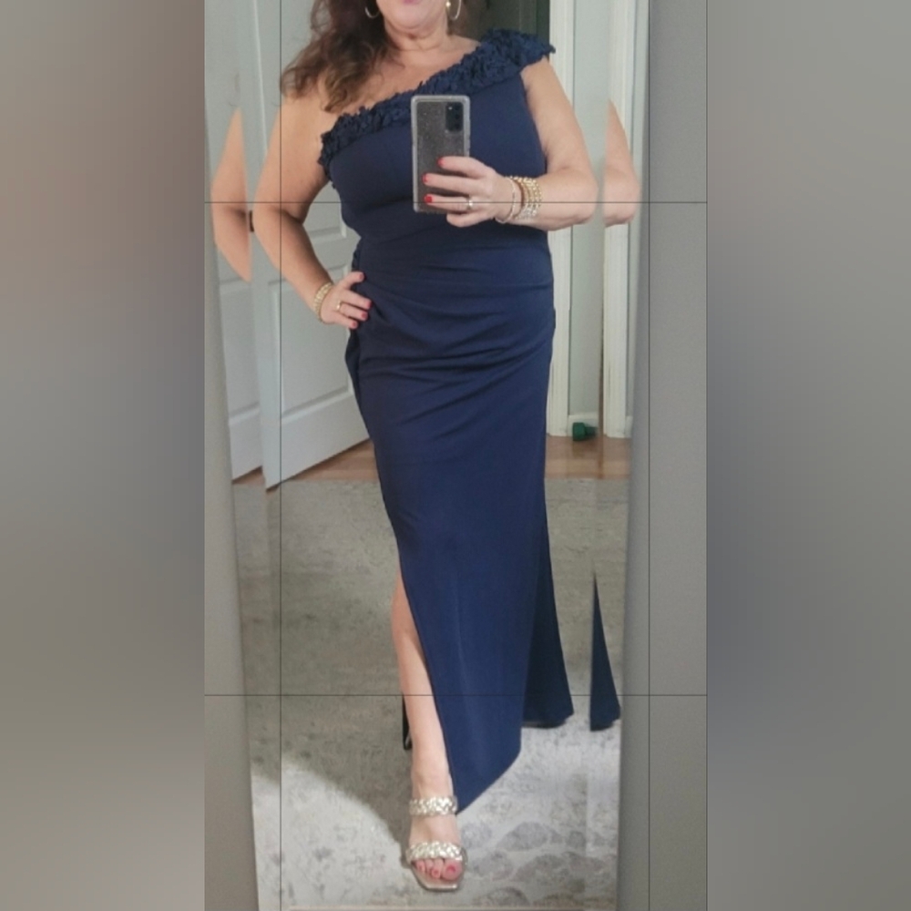 Oleg Cassini One Shoulder Navy Dress